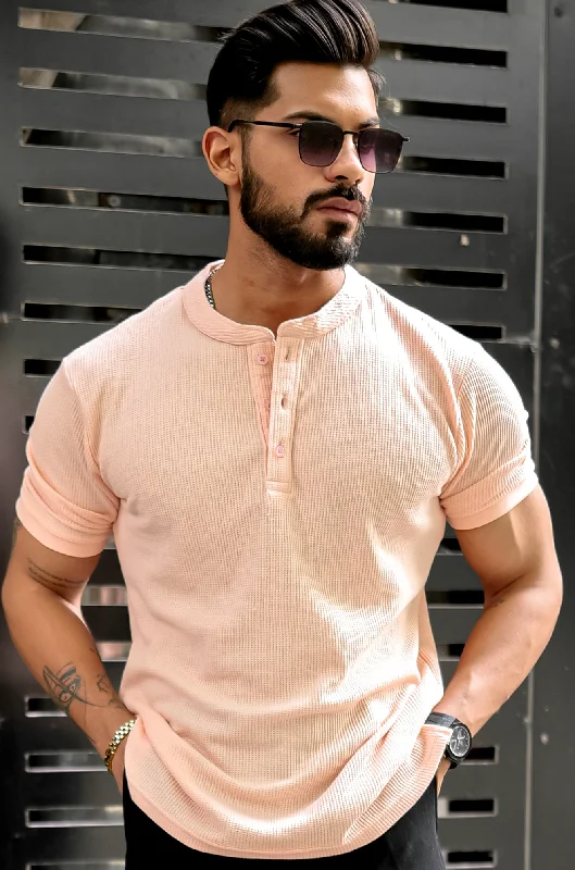 men's inspirational t-shirts-Peach Waffle knit Henley T-Shirt