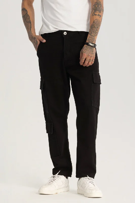 men's slim fit pants-Black Plain Baggy Fit Jeans