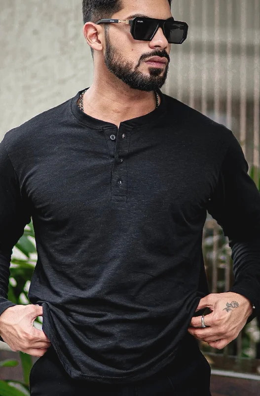 men's artistic t-shirts-Black Self Design Henley T-Shirt