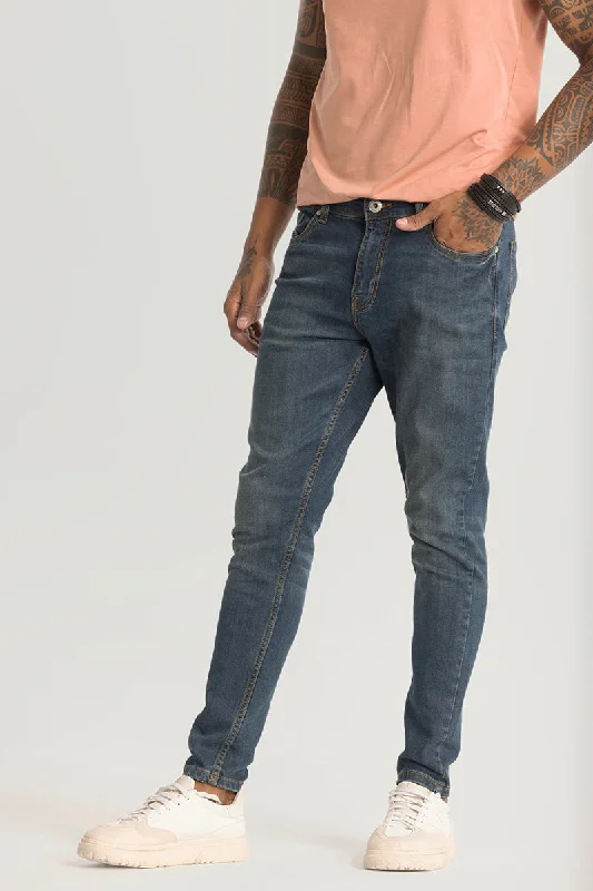 men's relaxed fit pants-Denim Blue Plain Skinny Fit Jeans