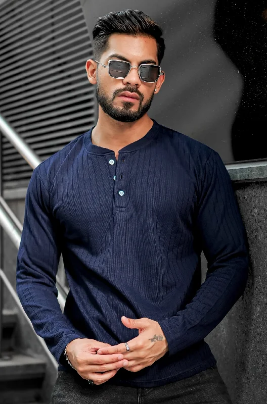 men's wardrobe essential t-shirts-Navy Blue Self Design Henley T-Shirt