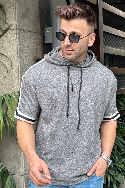 men's oversized hoodies-Dark Grey Hooded T-shirt