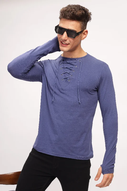 men's casual wear t-shirts-Blue Tie up Neck Solid T-Shirt