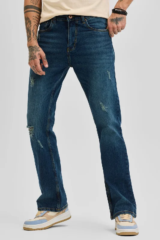 men's camping trousers-Dark Blue Distressed Bootcut Jeans