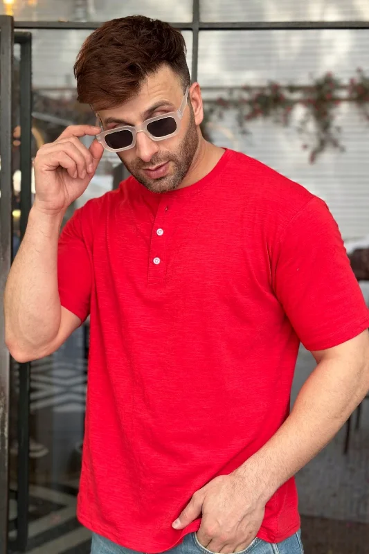 men's running t-shirts-Red Self Design Henley Neck Cotton T-Shirt