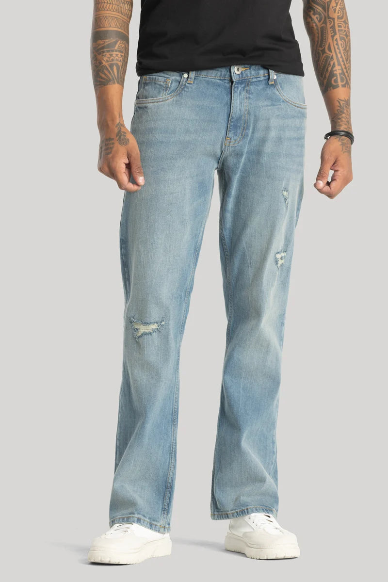 men's cargo pants-Vanguard Light Blue Distressed Bootcut Jeans