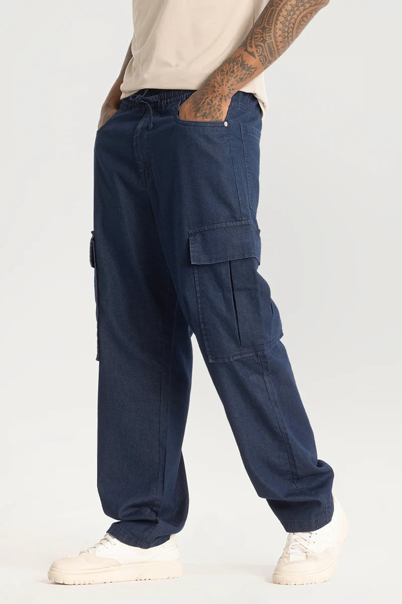 men's breathable pants-Navy Baggy Fit Cargo Jeans