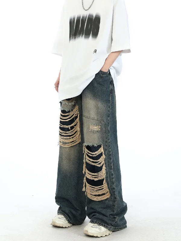 men's relaxed fit pants-Distressed Patchwork Jeans