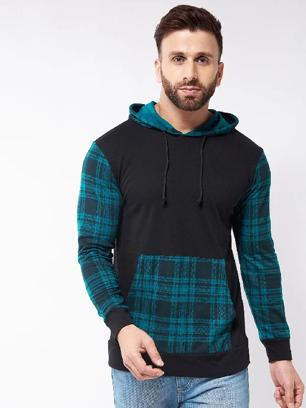 men's designer hoodies-Turquoise and Black Hooded Full Sleeve  Tshirt