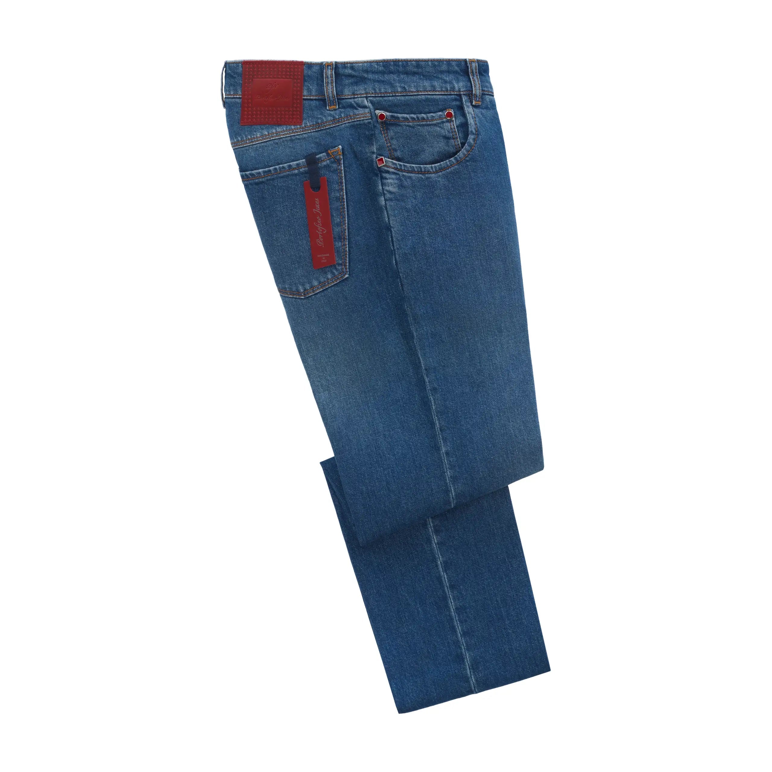 men's party trousers-Slim-Fit Cotton Five-Pocket Blue Jeans