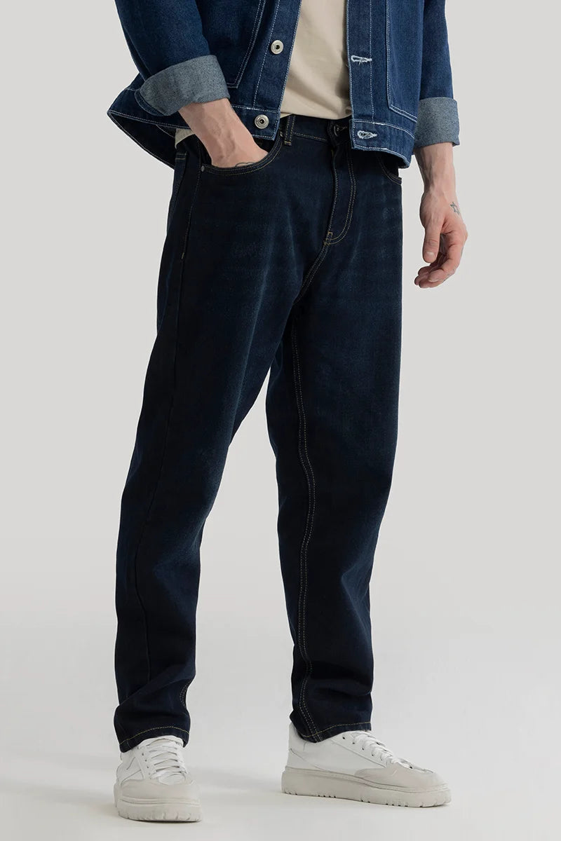 men's straight leg pants-Kirsten Navy Plain Baggy Fit Jeans