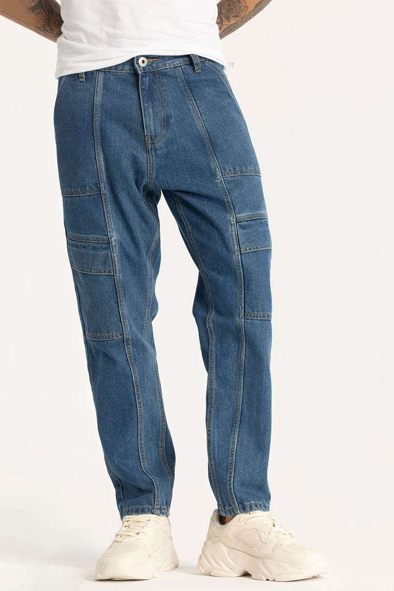 men's tapered jeans-Blue Plain Cargo Style Baggy Fit Jeans