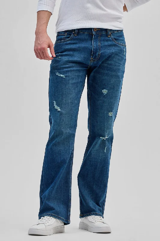 men's tapered pants-Denim Blue Distressed Bootcut Jeans