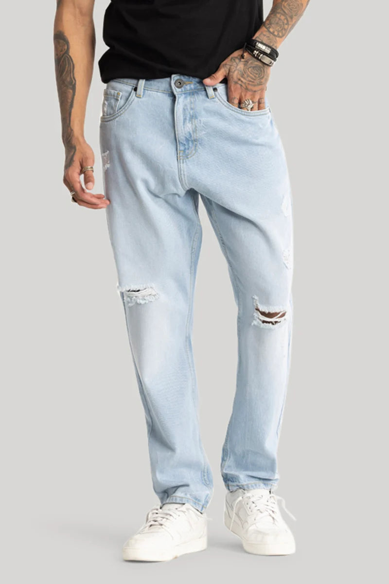 men's tennis trousers-Light Blue Distressed Baggy Fit Jeans