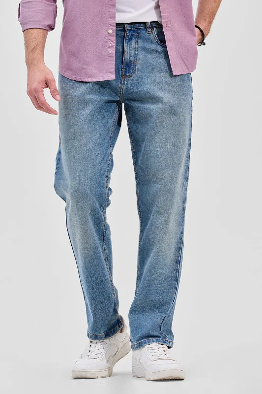 men's solid color pants-Light Blue Regular Fit Jeans