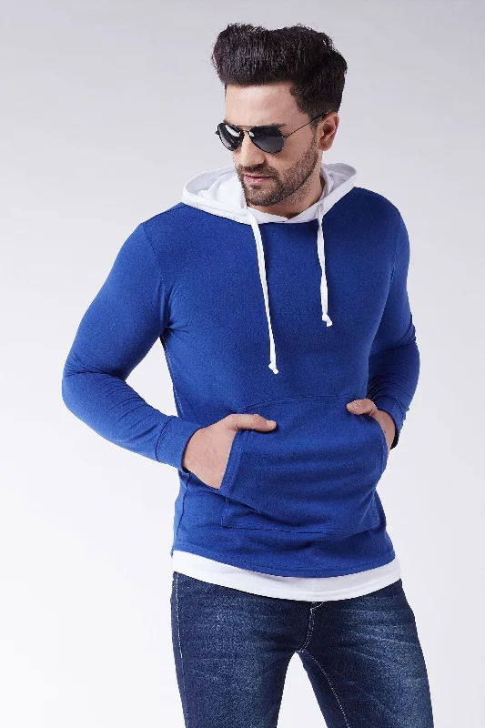 men's vibrant hoodies-R.Blue/White Colorblock Hooded Tshirt