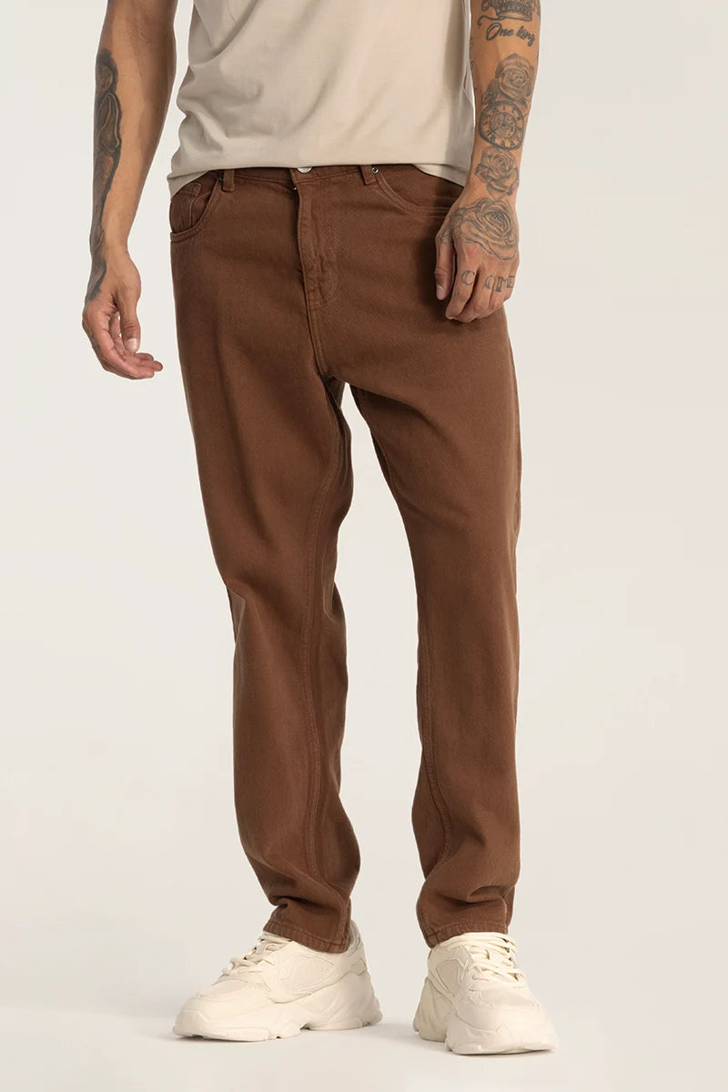 men's stylish fit pants-Brown Plain Baggy Fit Jeans