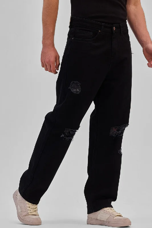 men's recycled pants-Black Distressed Loose Fit Jeans