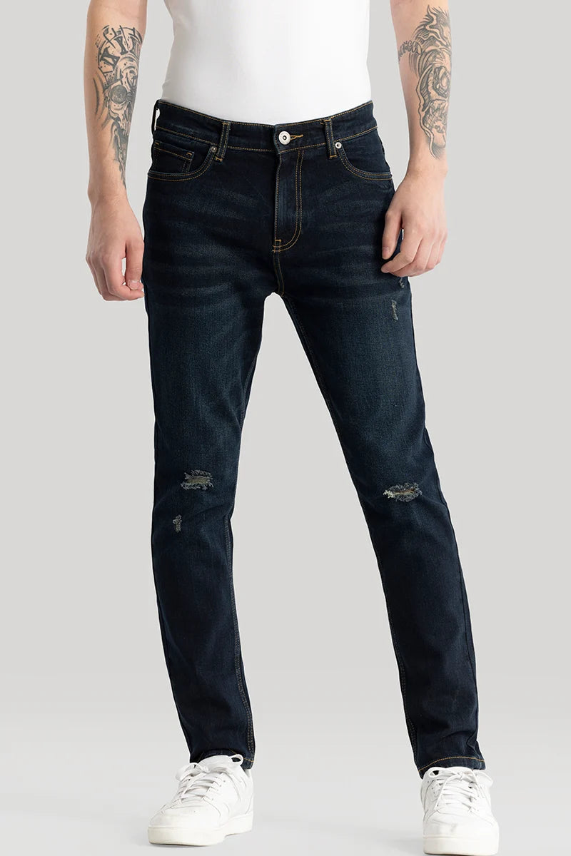 men's bootcut jeans-Pascaline Indigo Distressed Slim Fit Jeans