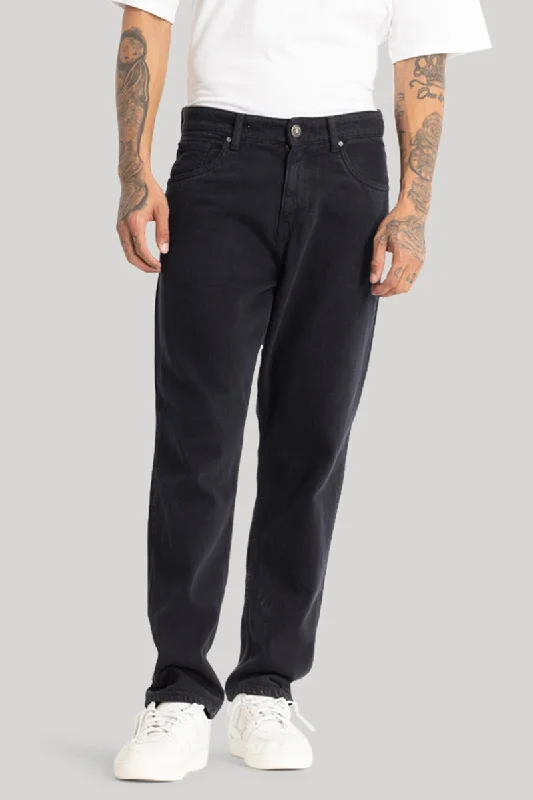 men's neutral color trousers-Charcoal Grey Plain Baggy Fit Jeans