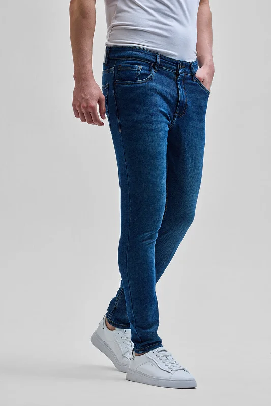 men's solid color pants-Denim Blue Skinny Fit Jeans