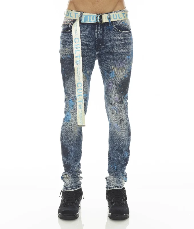 men's slim jeans-PUNK SUPER SKINNY STRETCH w/BABY BLUE BELT IN ABSTRACT