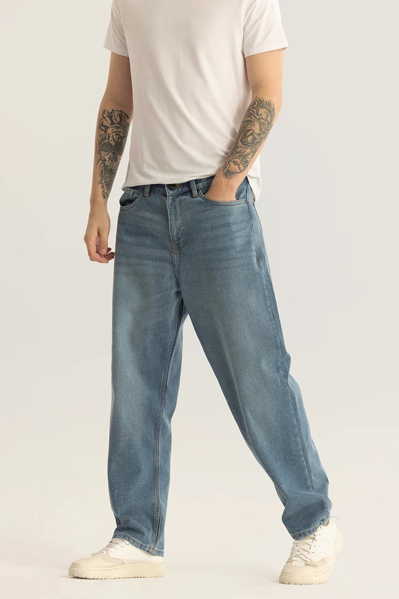 men's formal trousers-Eloise Blue Plain Loose Fit Jeans