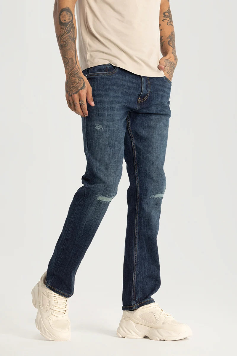 men's breathable pants-Navy Distressed Regular Fit Jeans