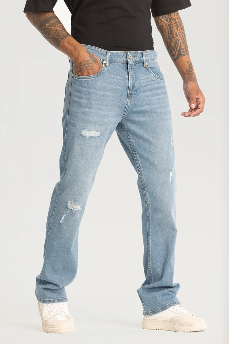 men's stretch jeans-Light Blue Distressed Straight Fit Jeans