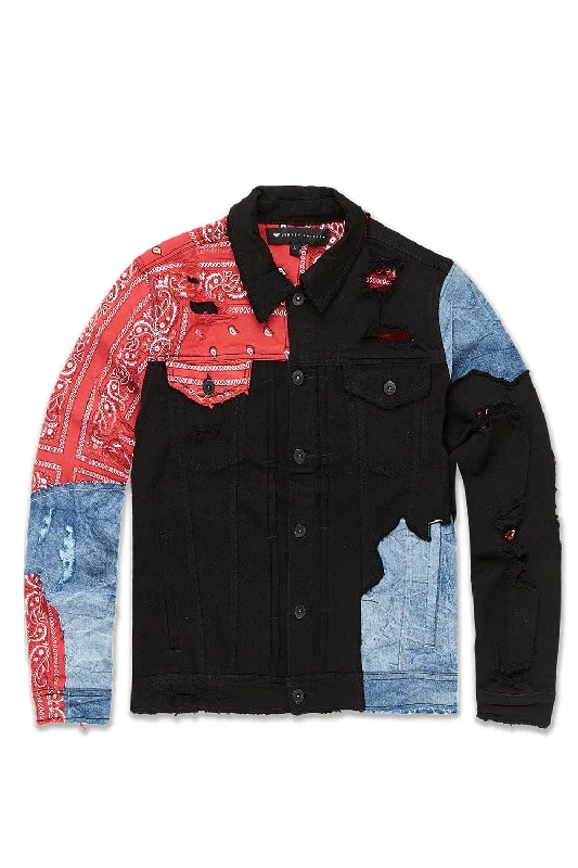 men's trendy jackets-Big Men's Paisley Denim Trucker Jacket (Crimson)