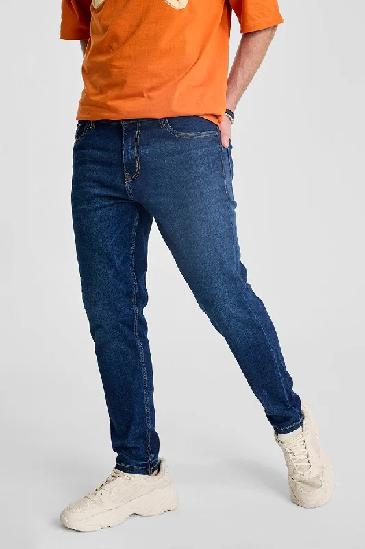 men's slim jeans-Dark Blue Tapered Fit Jeans