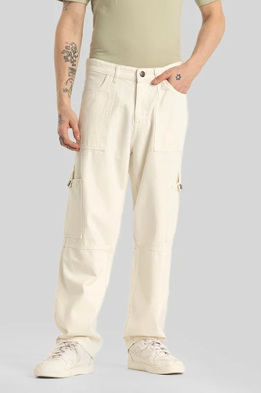 men's party trousers-Emiliano Cream Plain Baggy Fit Jeans