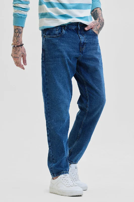 men's affordable trousers-Dark Blue Baggy Fit Jeans