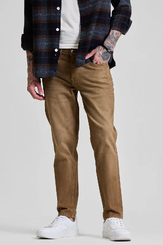 men's neutral color trousers-Light Brown Slim Fit Jeans