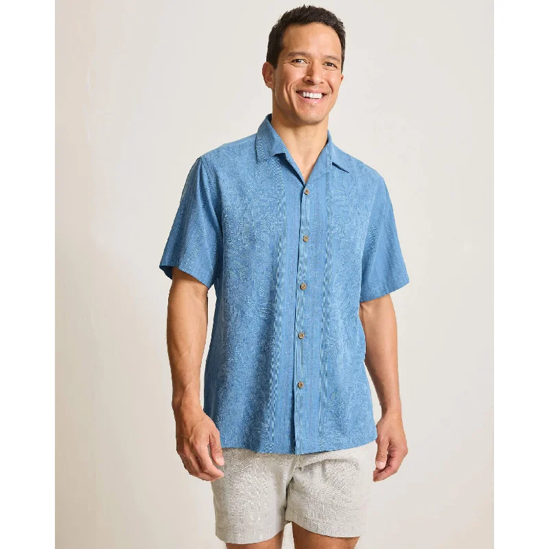 men's wardrobe essential shirts-Tommy Bahama Men's Maui Border Silk Camp Shirt - Buccaneer Blue