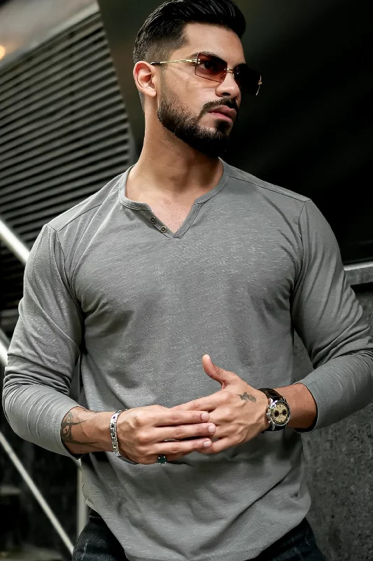 men's blank t-shirts-Grey Slub Open Henley Neck T-Shirt