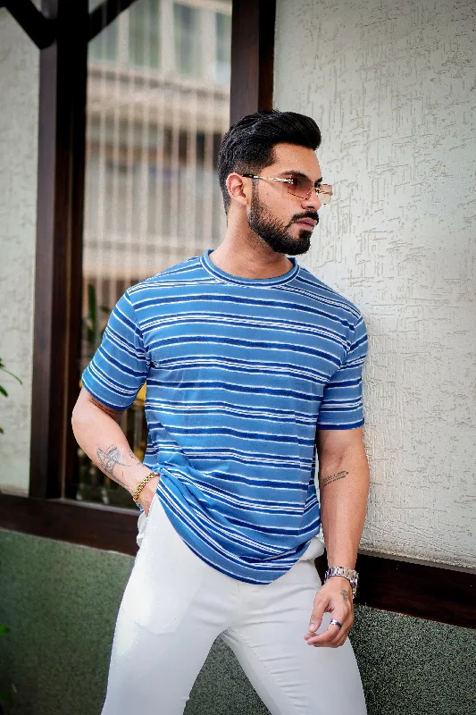 men's stylish t-shirts-Blue Horizontal Stripes Cotton T-Shirt