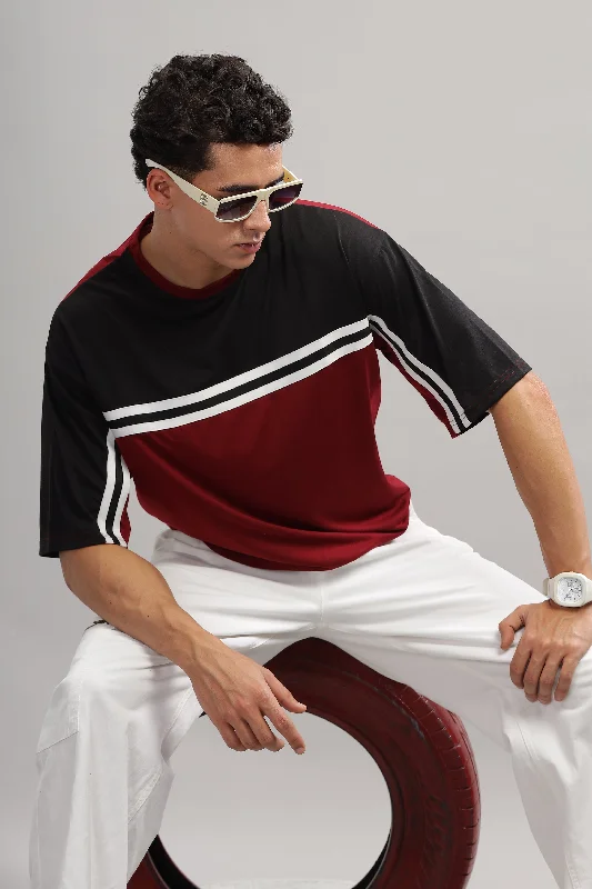 men's funky t-shirts-Black Maroon Oversized Color Block T-Shirt