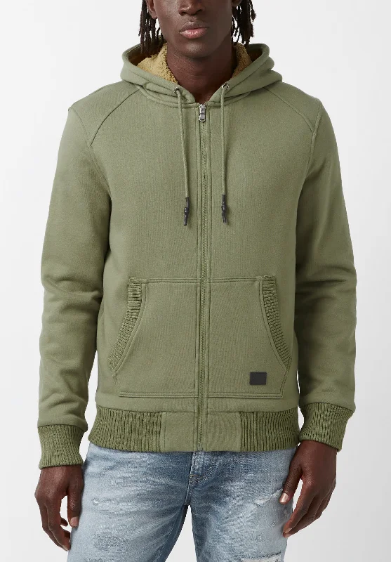 men's striped sweatshirts-Fasox Men's Zip-Up Hooded Jacket with Sherpa Lining, Army green - BM24161