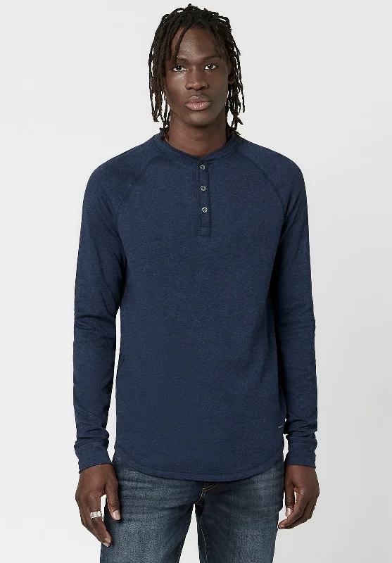 men's sustainable t-shirts-Kariver Henley Long Sleeve Henley in Midnight Blue - BM23368