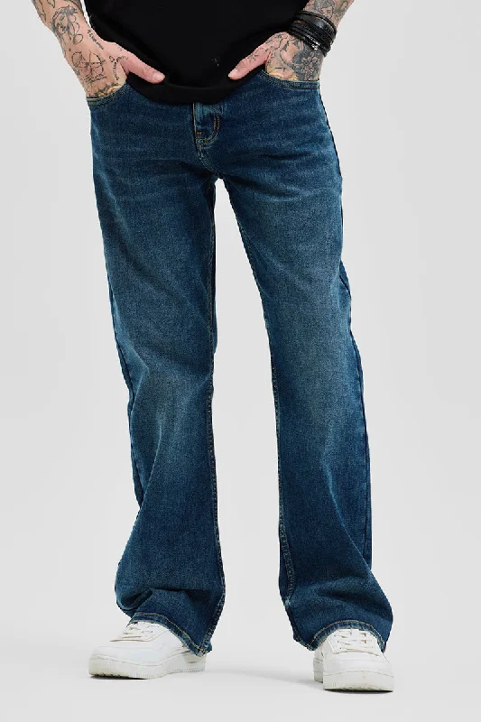 men's cycling pants-Dark Blue Bootcut Jeans