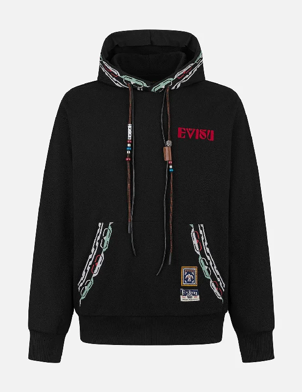 men's vacation sweatshirts-EVISU Totem Print and Embroidery Relax Fit Hoodie