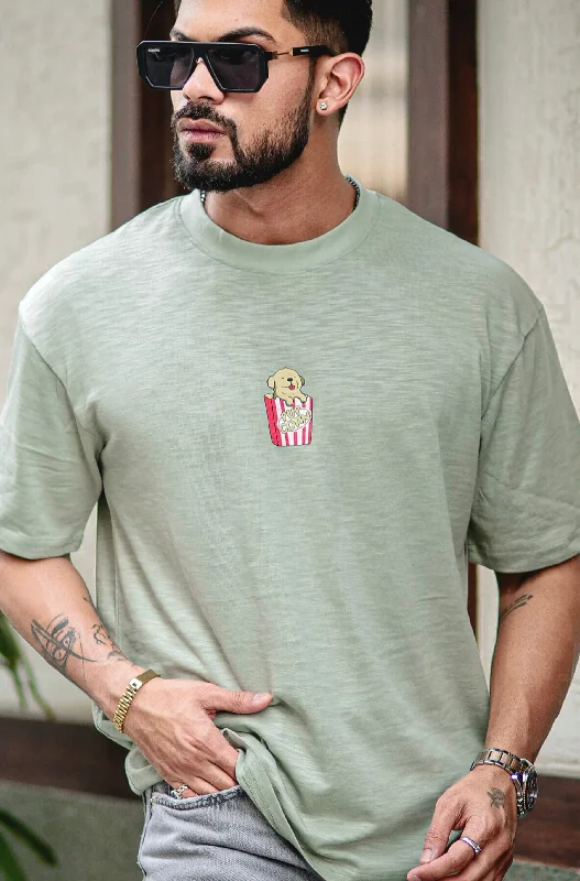 men's designer t-shirts-Green "Pop Corn" Oversized Cotton T-Shirt