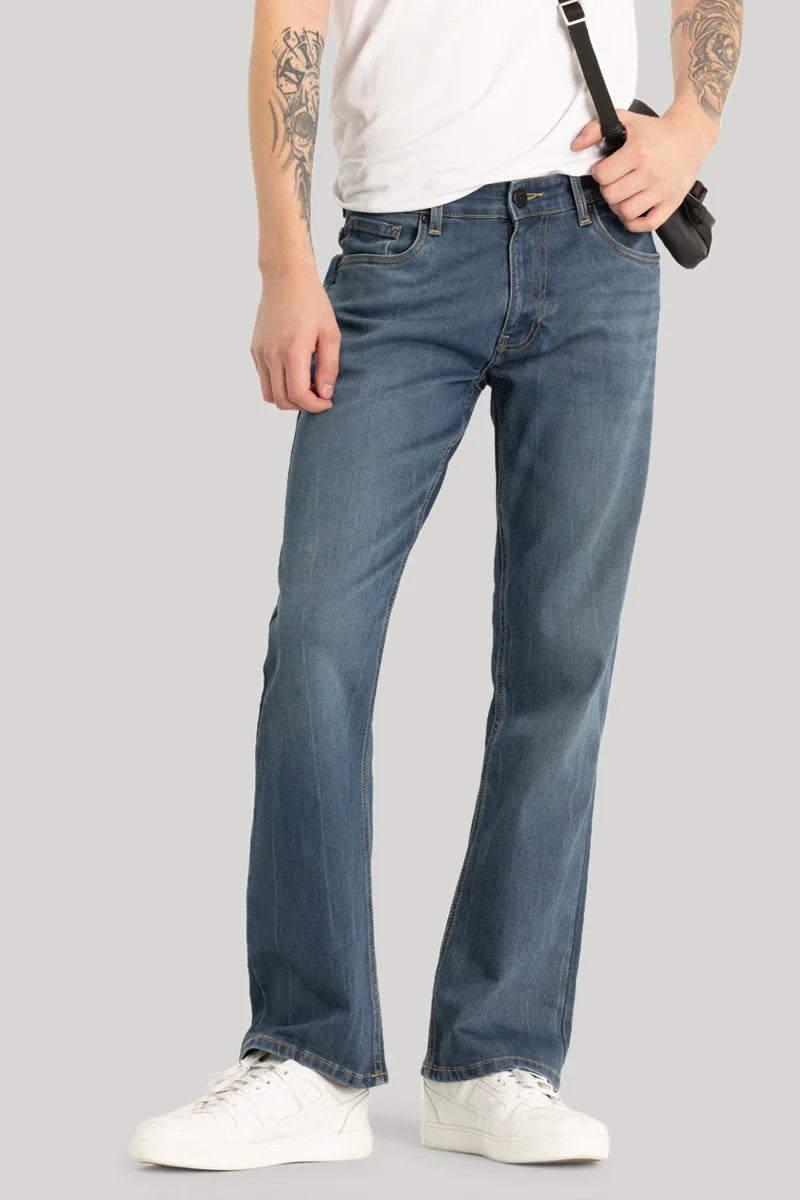 men's high quality pants-Cerulean Blue Plain Bootcut Jeans