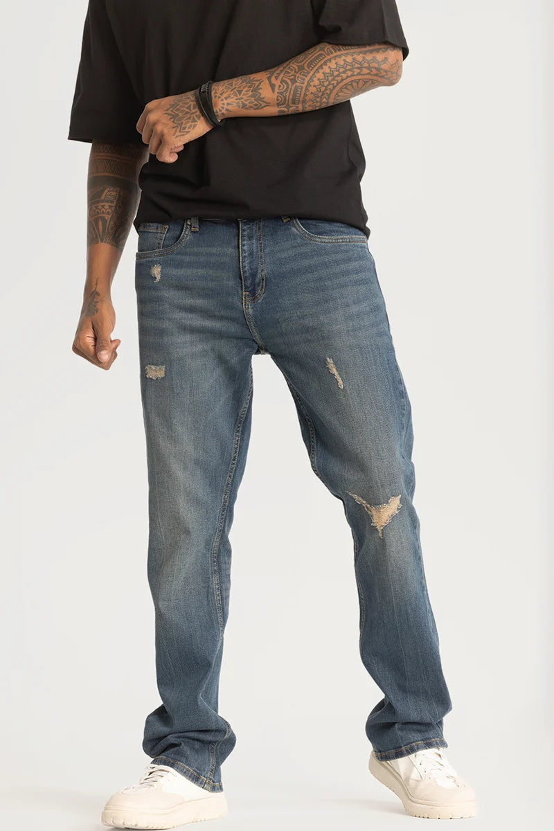 men's high rise pants-Dark Blue Distressed Straight Fit Jeans