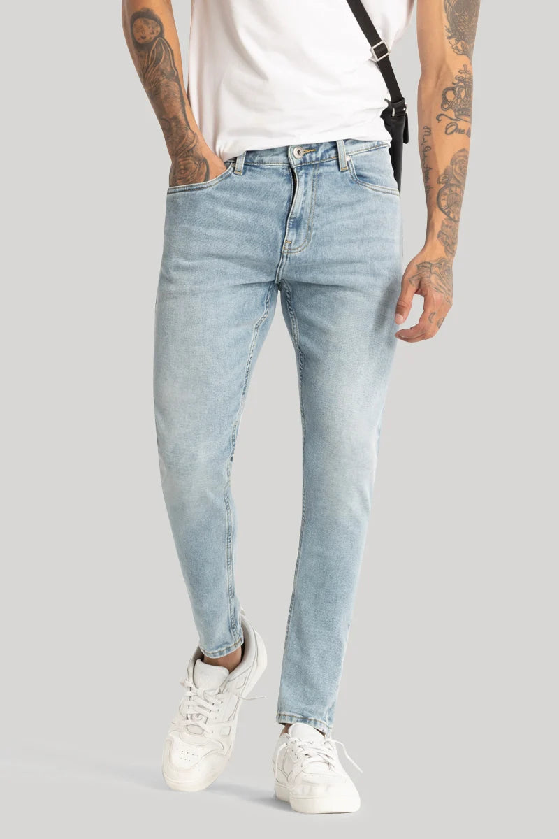 men's adventure trousers-Light Blue Plain Skinny Fit Jeans