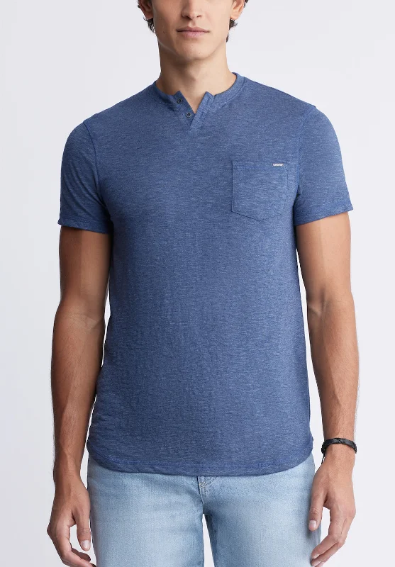 men's embroidered t-shirts-Kadyo Men's Pocket Henley Top in Whale Blue - BM24345