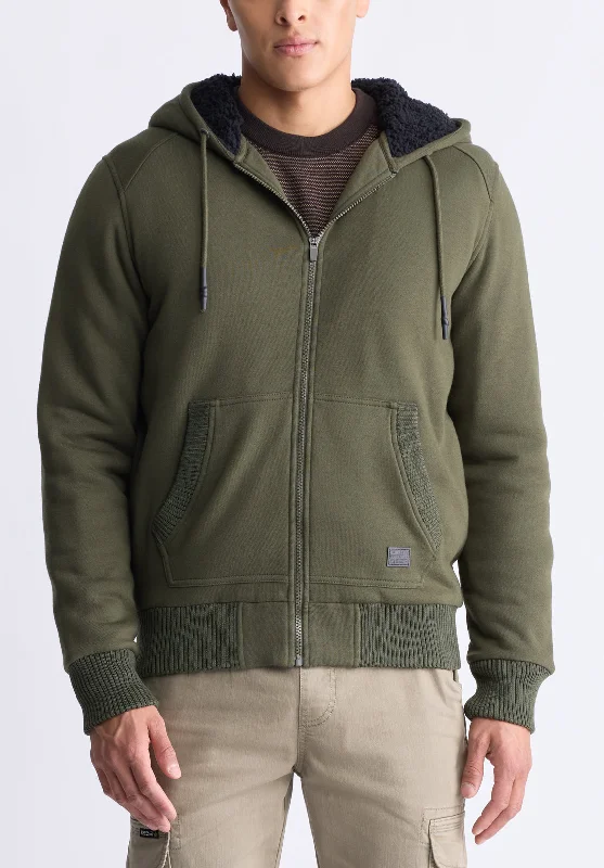 men's windproof sweatshirts-Fasox Men's Zip-Up Hooded Jacket with Sherpa Lining, Fern Green - BM24463