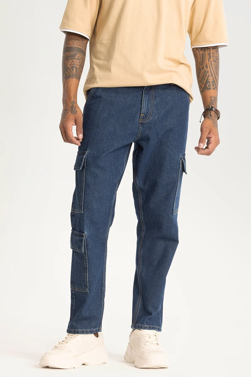 men's drawstring pants-Dark Blue Baggy Fit Cargo Jeans