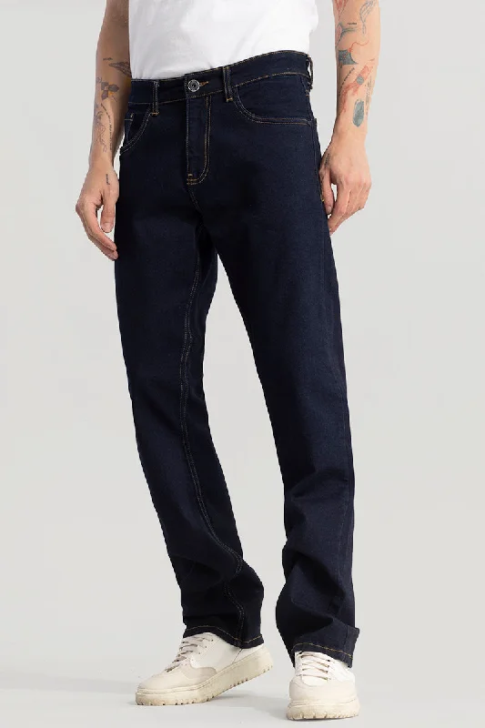 men's ankle pants-Vintage Revival Navy Blue Straight Fit Jeans